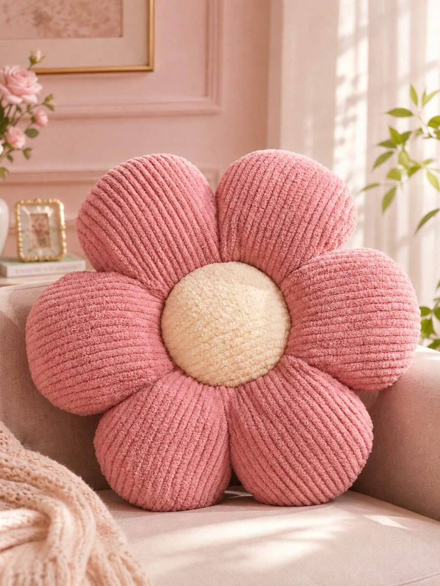 1pc Solid Color 6-Petal Flower Shaped Plush Decorative Pillow, Soft Ribbed Texture Filled Cushion, Suitable For Sofa, Bed, Bedroom And Living Room Decor, Cozy Home Arrangement And Housewarming Gift - Multicolor - View 1