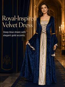Halloween Cosplay Costume Witch Outfit Women Vampire Costume Ladies Medieval Queen Costume Gold Velvet Long Robe Long Sleeve Renaissance Dress Lace-Up Corset - Royal Blue - View 9