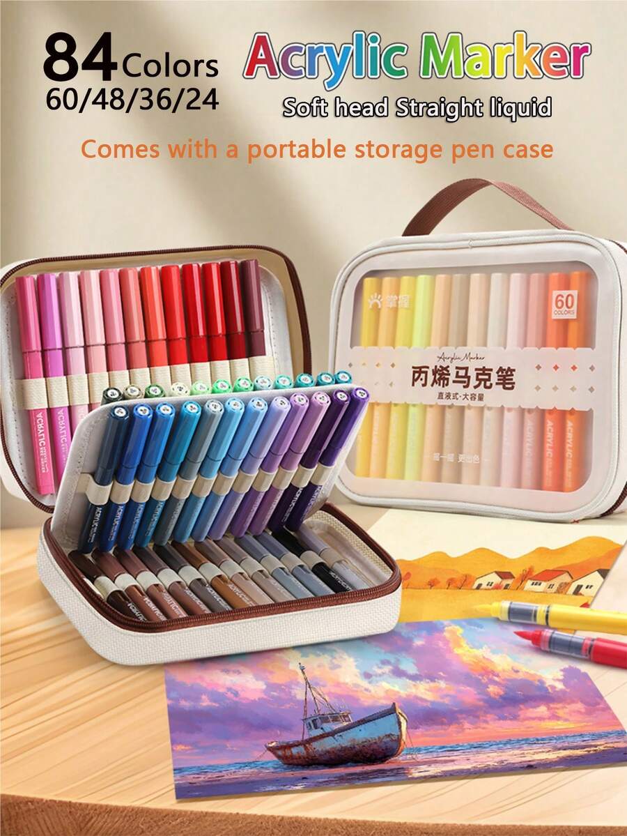 1pc Soft Tip Direct Liquid Acrylic Marker Pen 168 Colors/120 Colors/84 Colors/60 Colors/48 Colors/36 Colors Optional, Storage Bag Packaging, Layerable, Suitable For Colored Pencil Sketching Marker Pens, Suitable For Artist Painting Pens, Used For Making Christmas, Thanksgiving, New Year Gifts, Easter Eggs, Holiday Gifts, Card Making, Metal, Ceramic, Wine Glasses, Halloween Decoration Graffiti Pens, Painting Pens, Coloring Pens - Multicolor - View 1