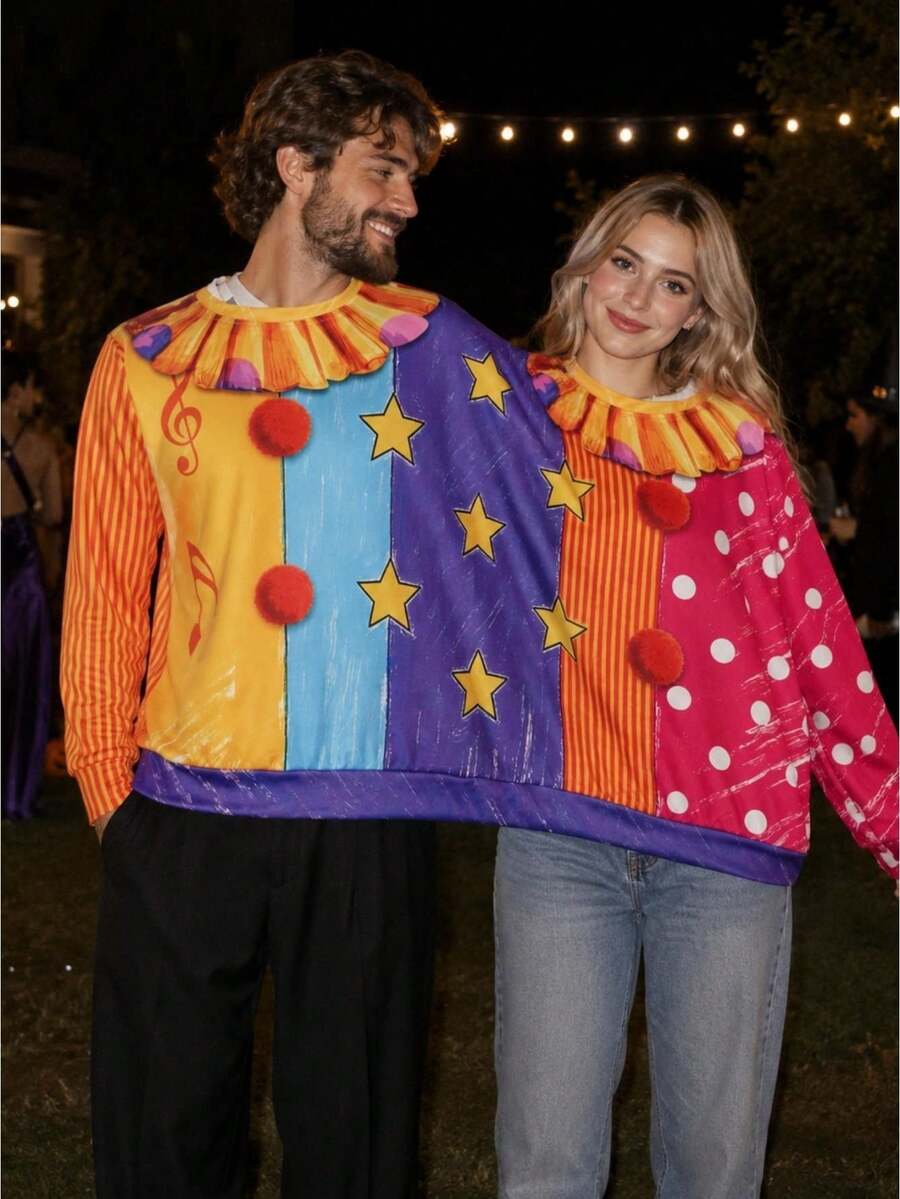Couples Halloween Clown Costume 2-Person Conjoined Pullovers For Cosplay - Multicolor - View 1