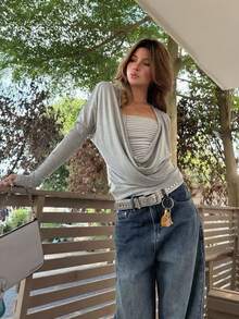 Cowl Neck Striped Top Early Autumn Batwing Sleeve Patchwork Minimalist Sexy Style Long Sleeve T-Shirt - Grey - View 7