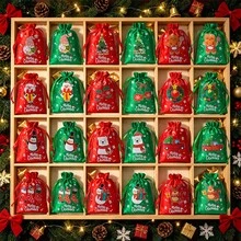 CARRIECUR 24Pcs Christmas Drawstring Gift Bags, Satin Xmas Treat Pouch Bags, Red & Green Assorted Printed Santa Snowman Gingerbread Man Reindeer Stocking Gift Sacks For Christmas Party Favors, Candy Wrapping, Stocking Stuffers - View 1