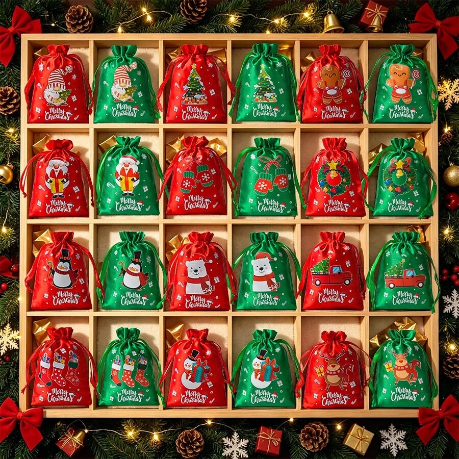 CARRIECUR 24Pcs Christmas Drawstring Gift Bags, Satin Xmas Treat Pouch Bags, Red & Green Assorted Printed Santa Snowman Gingerbread Man Reindeer Stocking Gift Sacks For Christmas Party Favors, Candy Wrapping, Stocking Stuffers - View 1