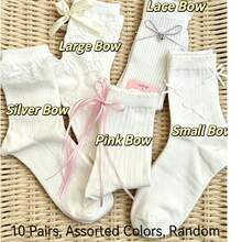 1/5 Pairs White Girls' Summer Mid-Calf Socks, Japanese Cute JK Style, Thin Lace Bow Ballet Design - White - View 7