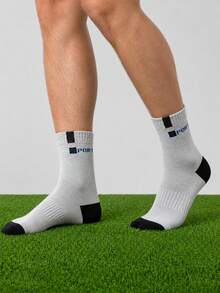 5 Pairs Men Color Block SPORT Logo Mid Calf Athletic Socks, Ribbed Non Slip Cuff, Soft Breathable Sweat Wicking Sports Socks For Running, Fitness - Multicolor - View 5