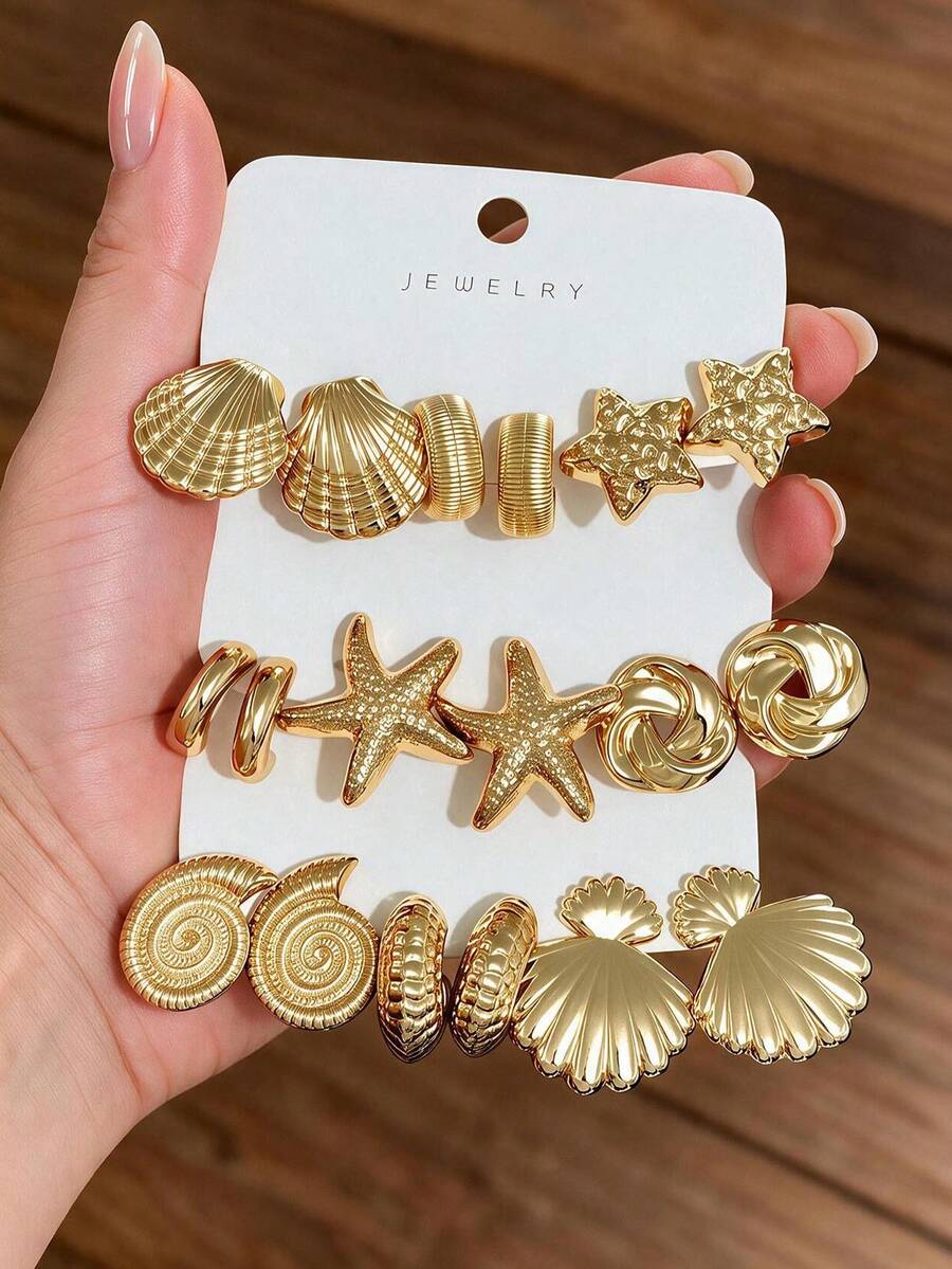 18PCS European & American Vintage Ocean Style Earrings Set | Gold Shell, Starfish, Spiral & Hoop Stud Earrings Combination, Vacation Beach Versatile Exaggerated Earrings, Women's Daily Party Gift Choice - Gold - View 1