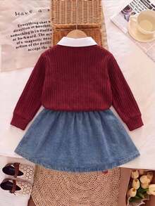 Girls' Fashion Knit V-Neck 2 In 1 Top And Bow Pleated Denim Skirt - Burgundy - View 2