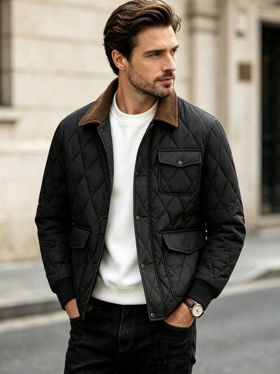 Men's Quilted Diamond Padded Padded Coat, Colorblock Collar Design, Practical Flap Pockets, Casual Outdoor Commute Padded Coat - Black - View 1