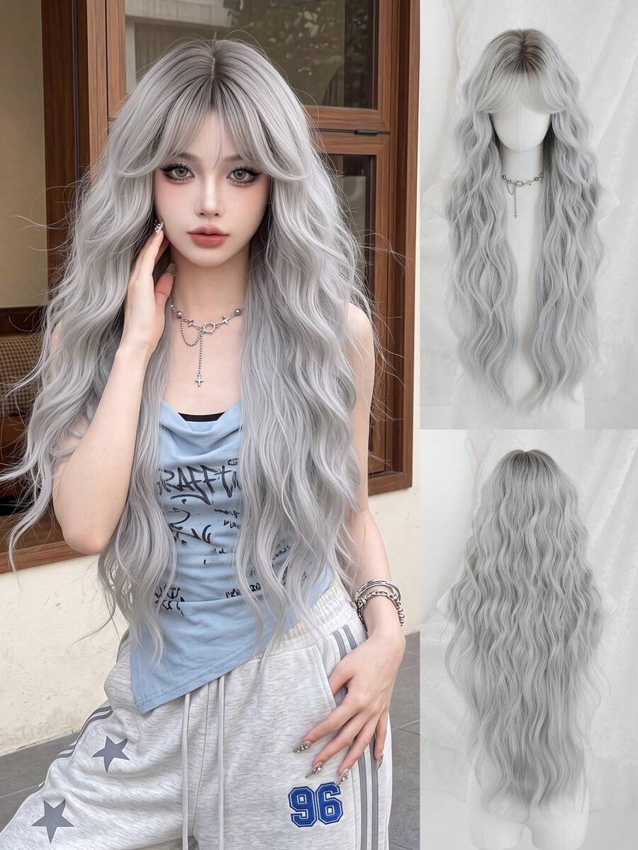 NAMM 30 Inch Light Grey Long Body Wave Wig For Women, Gorgeous Fluffy Synthetic Costume Wig WithBangs-Dark Roots Natural Synthetic Heat Resistant Fiber Hair Suitable For Fashion Girls Daily,Anime Or Costume Cosplay Decoration, Halloween - Multicolor - View 1