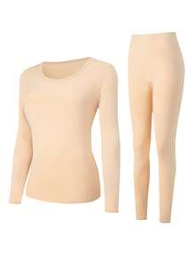 2pcs/Set Women's Thermal Underwear Set, Crew Neck Top + Pants, Winter Base Layer Thermal Top And Leggings - Beige - View 4
