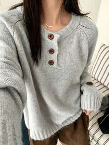 Women's Cozy Knit Sweater, Popular Daily Basic Style, Ribbed Cuffs Fuzzy Knit Top Fall - Grey - View 1