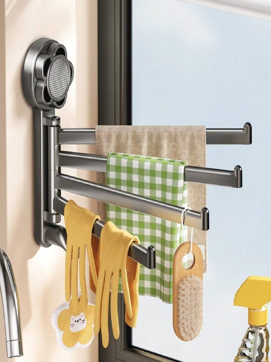 1 pieza Barra y estante para toallas con ventosa ajustable - Perchero giratorio sin taladro, succión de vacío fuerte, gancho de ducha de plástico resistente a la oxidación montado en la pared, adecuado para baño pequeño, cocina, ducha, estante multifuncional para almacenamiento de toallas de mano - Multicolor - Ver 1