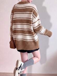 Women's New Autumn/Winter Casual Striped V-Neck Pullover Sweater - Khaki - View 2
