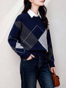 Women's New Autumn/Winter Minimalist Style Large Rhombus Pattern Crew Neck Pullover Sweater - Navy Blue - View 5