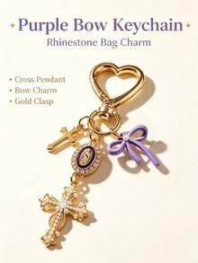 Exquisite Cross Keychain, Pearl Rhinestone Bow Bag Charm. Sweet And Cool Bag Decoration, Birthday And Holiday Gifts For Women Girls. - Multicolor - View 7
