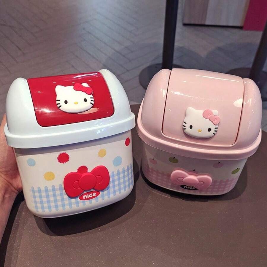 SANRIO Tempat Sampah Bentuk Kucing dengan Tutup Flip, Keranjang Penyimpanan Meja Kreatif, Cocok untuk Asrama, Kantor, Meja Rumah, Pekerja Kantor, Mahasiswa, Pengatur Sampah Meja, Wadah Penyimpanan Sampah dan Pengatur Kekacauan - A - View 1