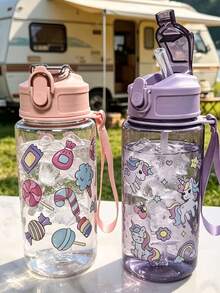 1PC 500ml Cartoon Transparent Straw Water Cup, 4 Cute Patterns: Candy, Unicorn, Airplane And Marine Life, Fresh Dopamine Color Palette. With Pop-Up Straw Lid, Portable Hanging Rope, Lightweight And Convenient For Back To School, Outdoor Camping, School Commute, Suitable For Kids. Can Hold Ice Water And Room Temperature Water, Do Not Fill With Hot Water Above 50°C, Perfect For Gifts Or Personal Use. - Multicolor - View 10
