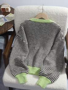 Women's Vintage Colorblock Striped Knit Sweater With Dropped Shoulders And Puff Sleeves, Winter Top For Casual, Commuting, Dating And Vacation Fall - Green - View 2