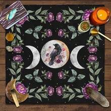 1pc Triple Moon Raven Purple Peony Tarot Cloth, Black Star Floral Witch Altar Mat, Gothic Botanical Moon Phase Divination Tablecloth Spiritual Wall Tapestry - Multicolor - View 2