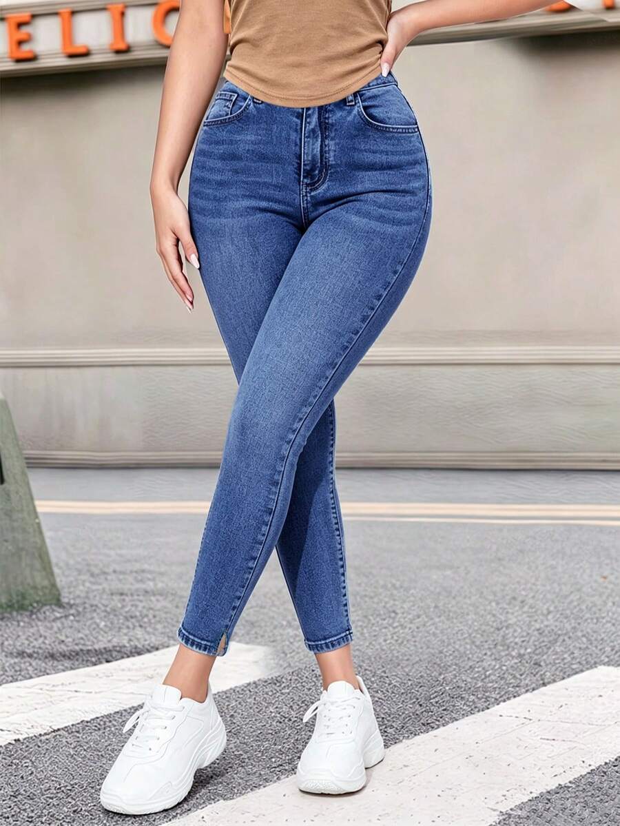 YANGCANREN Teen Girl Casual Versatile Denim Long Pants With Pockets And Buttons - Royal Blue - View 1