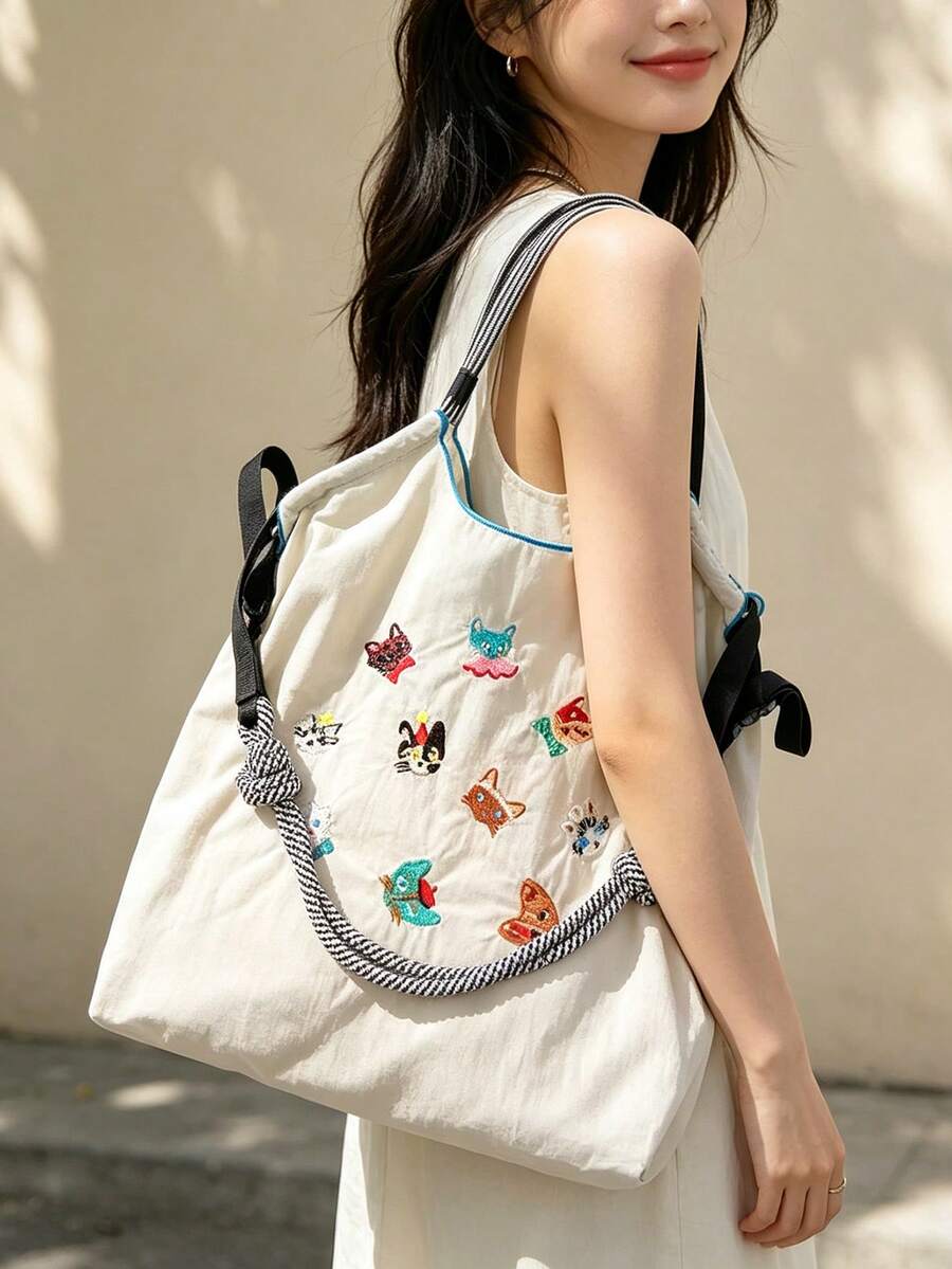 1pc New Embroidered Cute Cat Head Pattern Shopping Bag, Large Capacity Commuter Travel Bag, Drawstring Handbag, Versatile Nylon Shoulder Tote Bag - Multicolor - View 1