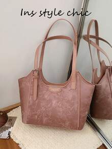 Dark Textured Plum Blossom Print Tote Bag, Large Capacity For Books And Laptop, Adjustable Shoulder Strap, Zipper Closure, Artistic New Chinese Style, Shoulder Bag For Daily School, Commute, Work And Outdoor Travel - Pink - View 4