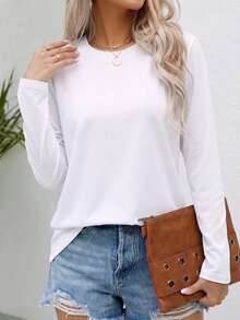 Women's Loose Round Neck Long Sleeve T-Shirt, Solid Color All-Match Top, Soft Skin-Friendly Breathable, Versatile For Daily Commute - White - View 2