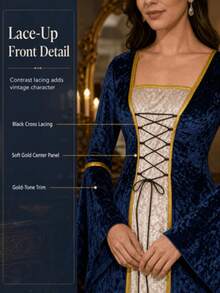 Halloween Cosplay Costume Witch Outfit Women Vampire Costume Ladies Medieval Queen Costume Gold Velvet Long Robe Long Sleeve Renaissance Dress Lace-Up Corset - Royal Blue - View 3