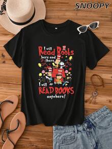 Women's Short-Sleeved Crew Neck Shirt With Snoopy Print I WILL READ BOOKS READ BOOKS - Black - View 1