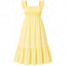 Vestido Longo Feminino TODOS OS TAMANHOScom Alças De Babado, Saia Ampla E Caimento Soltinh  Casual  Elegante    Tecido    Franzido    TODAS  Noite  Feriado  Festa De Aniversário  Viagem - Amarelo Mantega - Visão 2