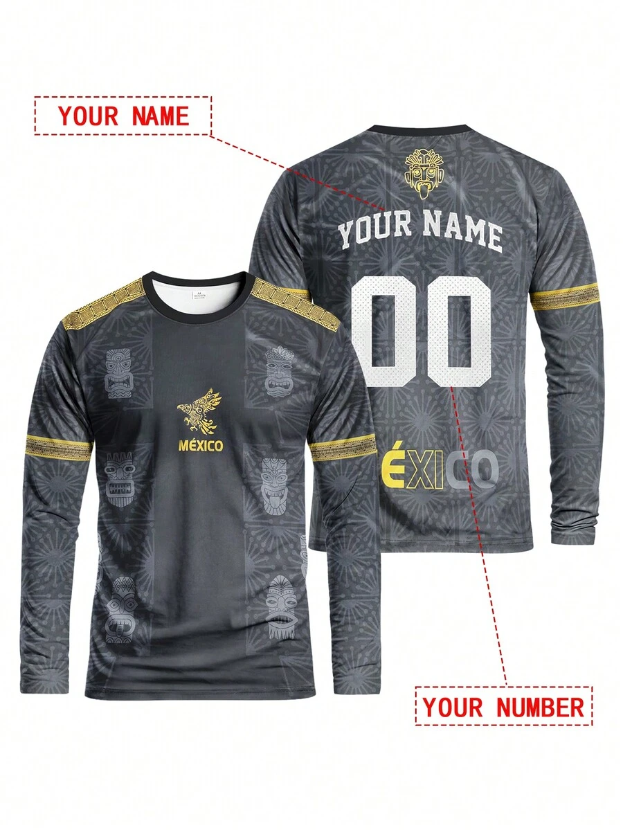 Mexico Men's Long Sleeve Soccer Jersey, Customizable Name & Number, Round Neck Sports Top Training Football Kit Black, Fan Apparel