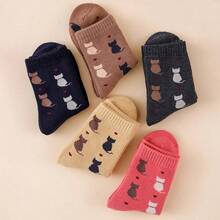 CT TAPESOCKS 5 Pairs Autumn/Winter Women's Cute Cartoon Cat Pattern Printed Versatile Soft And Comfortable Mid Tube Woolen Loop Socks - 5 Pairs Of Mixed Colors - View 6