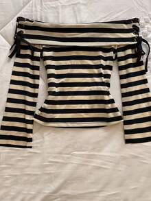 Women's Long Sleeve Fashionable Striped Patchwork Drawstring Off-Shoulder Top Spring - Black and Apricot - View 2