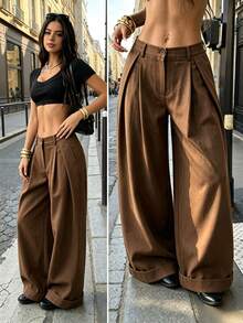 Women's Casual Wide Leg Brown Button Pleated Loose Long Pants, Summer & Autumn, Commute, Shopping, Daily Wear, Office Outfit - Brown - View 4
