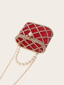 Fashionable Elegant Party Evening Diamond Metal Handbag - Red - View 7