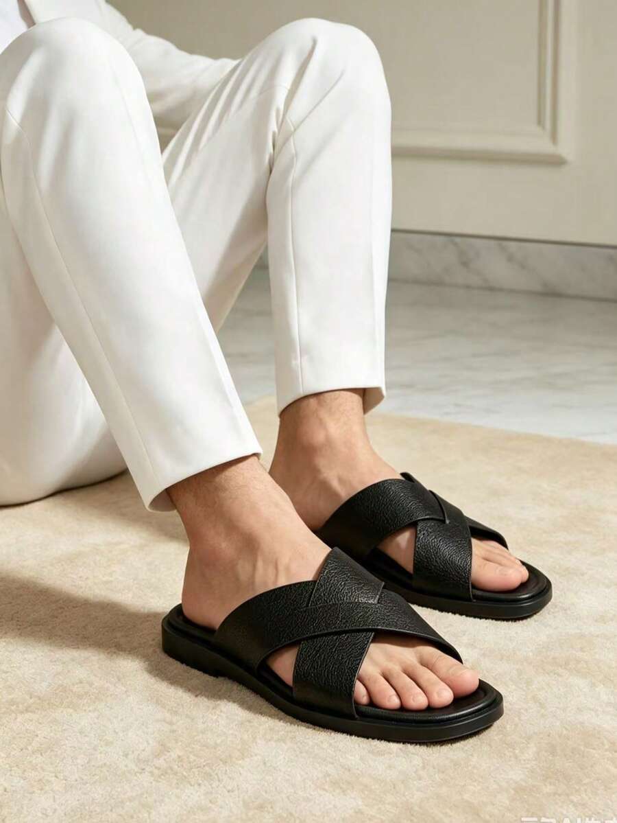 Sandal Pria Musim Semi hingga Musim Panas untuk Pesta Luar Ruangan, Bisnis, Kasual, Ujung Terbuka, Bahan Bernapas, Sandal Pantai, Fashion Kelas Atas, Sandal Datar, Motif Belah Ketupat, Kulit Mikrofiber, Kulit Pantai - Hitam - View 1