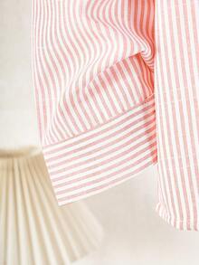 Girls' Long Striped Cotton Shirt, Spring/Summer, Korean Style, Holiday, Summer, Travel - Pink - View 5