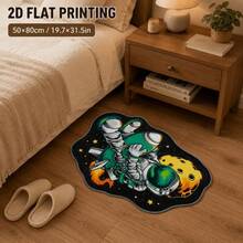 1pc Velvet 2D Printed Astronaut And Rocket Shaped Rug, Non-Slip Space Theme Decorative Mat, Machine Washable, Suitable For Bedroom, Living Room, Dorm And Home Decor - Multicolor - View 2