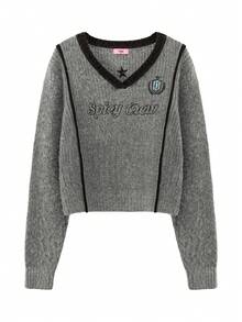 CHUU Loose V-Neck Knit Sweater Women Autumn/Winter Chic Youthful Collegiate Style Letter Print Versatile Sweet Cool Crop Top - Light Grey - View 9