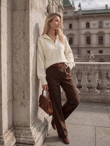 NiceArt Pull en tricot de laine à col demi-zip pour femmes, manches longues avec tricot torsadé sur les côtés, style décontracté ample, pull chaud pour l'automne/l'hiver - Blanc - Voir 2