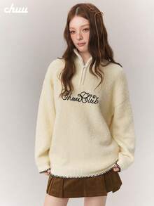 CHUU Letter Embroidered Long Sleeve Knit Sweater Women Autumn/Winter Faux Wool Loop Contrast Color Pullover Loose Fit - Apricot - View 1
