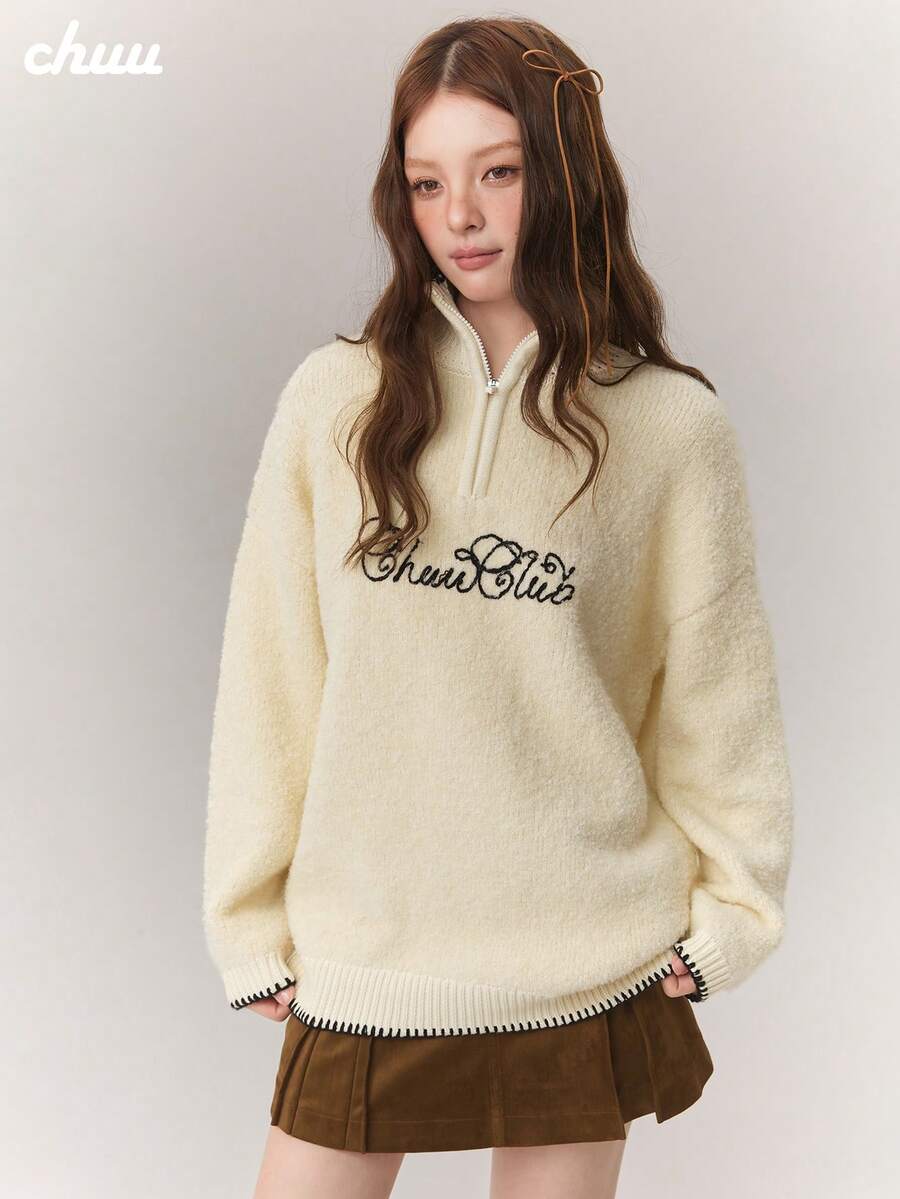 CHUU Letter Embroidered Long Sleeve Knit Sweater Women Autumn/Winter Faux Wool Loop Contrast Color Pullover Loose Fit - Apricot - View 1