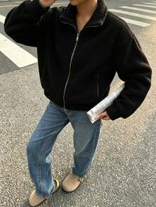 Girls' & Teens' Fashion Casual Versatile Autumn/Winter All-Match Lamb Fleece Jacket - Black - View 5