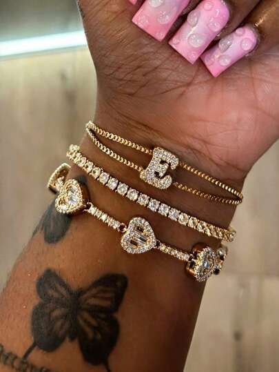 1/3Pcs Fashion Elegant 18K Gold Stainless Steel Mother Of Pearl Rhinestone Snap Bracelet With Copper Plated 26 Letter 16K Gold Pull Letter Bracelet, Personalized Women's Jewelry Set Bracelet Combination, Suitable For Women's Daily Wear, Fashion Gift For Mother, Mom, Girlfriend