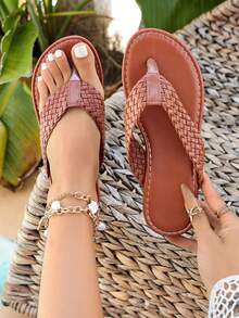 Women's Fashion Beach Flat Flip Flop Sandals, Casual Stylish Outdoor Wear, Summer Sandals, Minimalist Design, Round Toe, Versatile Fairy Style Women's Shoes - Brown - View 6