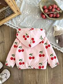 Baby Girl Cherry Print Warm Hooded Jacket - Pink - View 3
