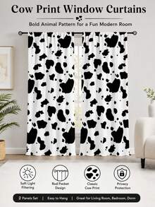 NOSBEI 1 Set Of 2 Pieces, White And Brown Cow Print Rustic Farmhouse Curtains, Faux Leather Texture, Semi-Sheer Privacy Protection, Bedroom/Living Room Decor - Black and White - View 4