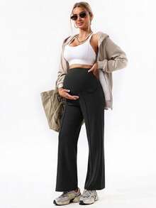 1pc Women's Maternity Pants, With Pockets, Elastic Waistband Doesn't Constrict Belly, Dual Pockets Convenient To Carry Black - Black - View 3