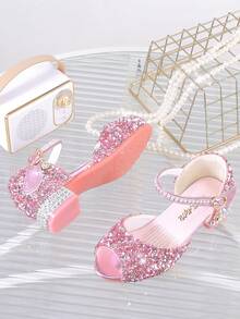 1 Pair Girls Princess Crystal Peep Toe Closed Back Sandals, New Summer Korean Style Sequin Rhinestone Pink Dress Shoes For Kids - Pink - View 3
