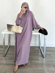 Solid Color Loose One-Piece Hijab Long Robe, Elastic Ribbed Cuffs Wide Sleeve Elegant Jilbab Robe, Muslim Women Daily Prayer Casual Outfit - Multicolor - View 6